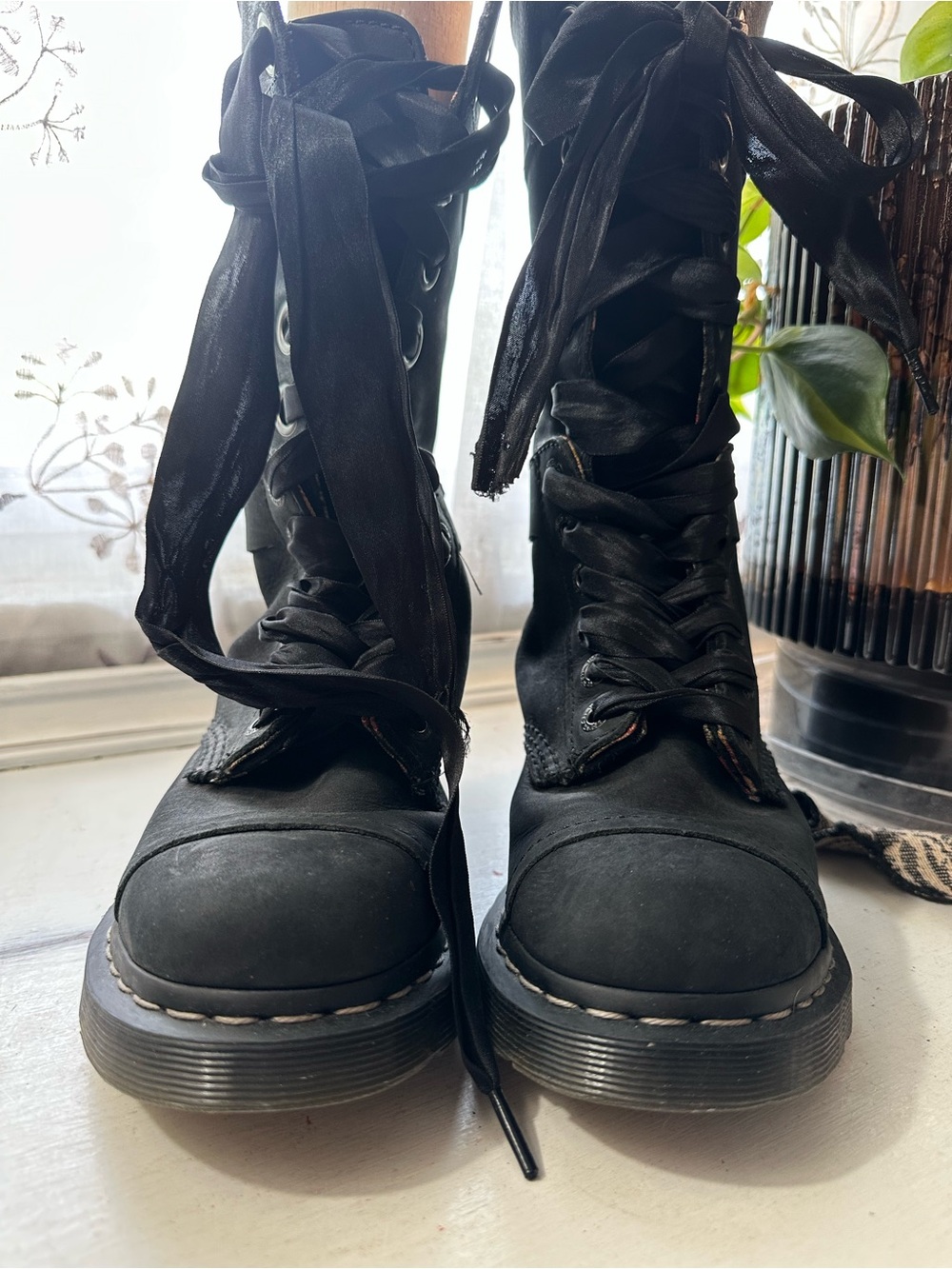 Dr. Martens Triumph 1914 Black Lace-Up Combat Boots Satin Laces & Floral Lining